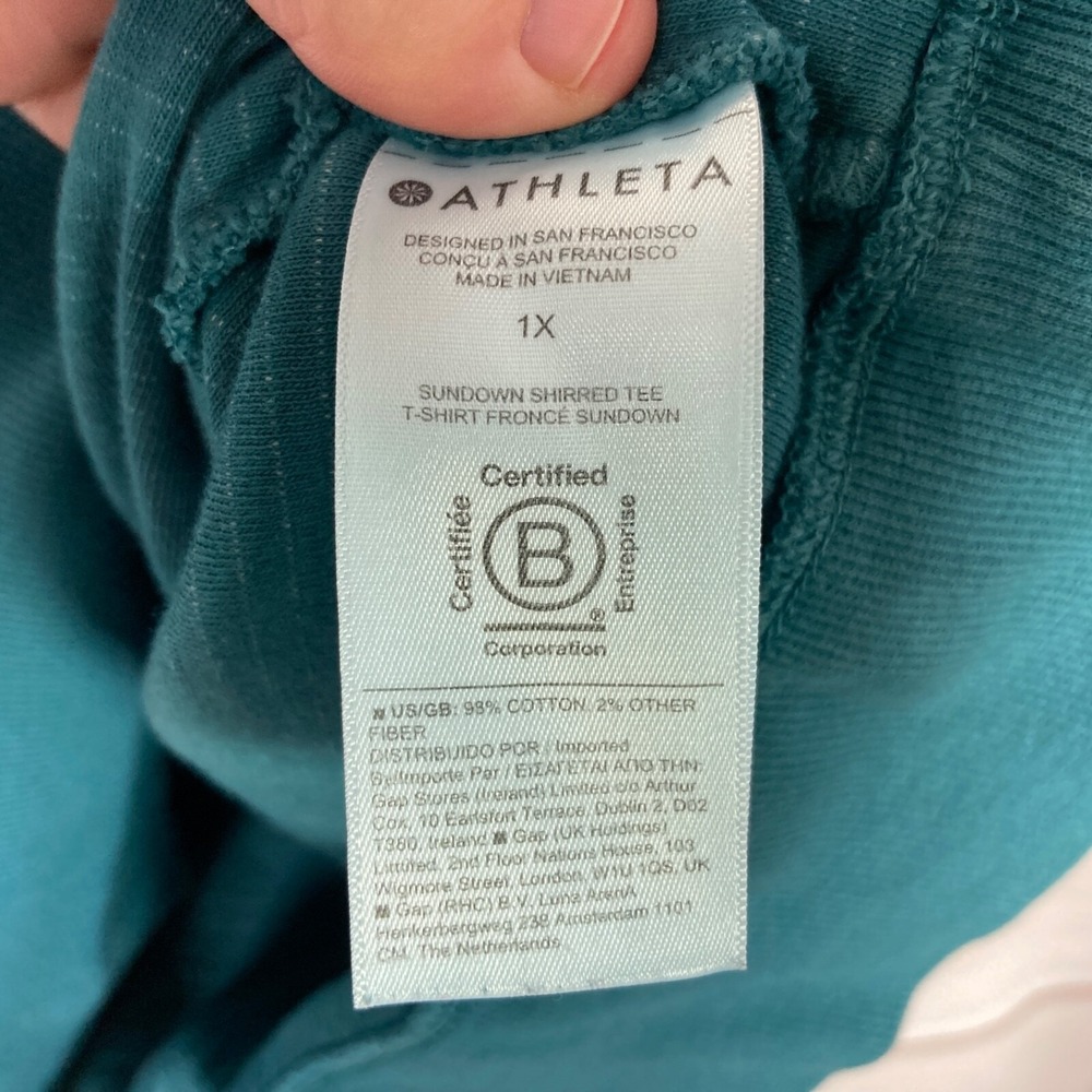 Athleta Top Womens 1X Green Sundown Shirred T-Shirt Short Sleeve Solid Knit - Picture 4 of 6